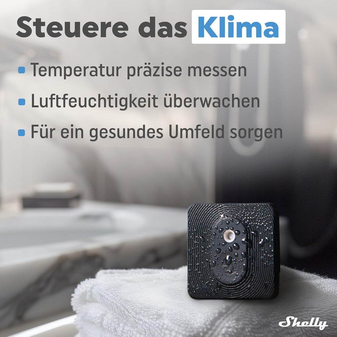 Shelly Blu H&T Schwarz | Bluetooth-gesteuerter Temperatur- und Luftfeuchtigkeitssensor | Spritzwasse