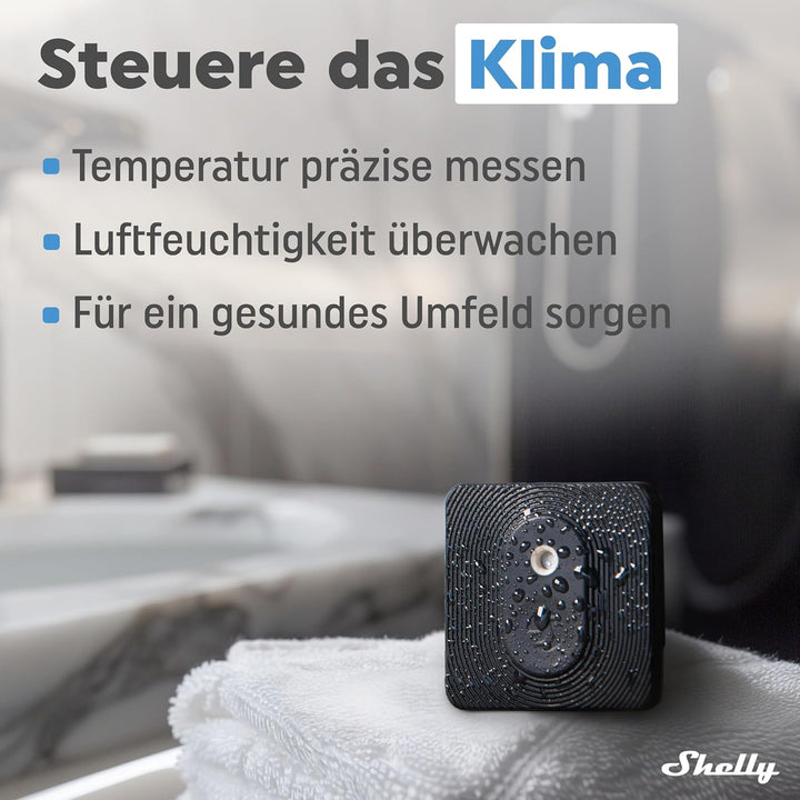 Shelly Blu H&T Schwarz | Bluetooth-gesteuerter Temperatur- und Luftfeuchtigkeitssensor | Spritzwasse