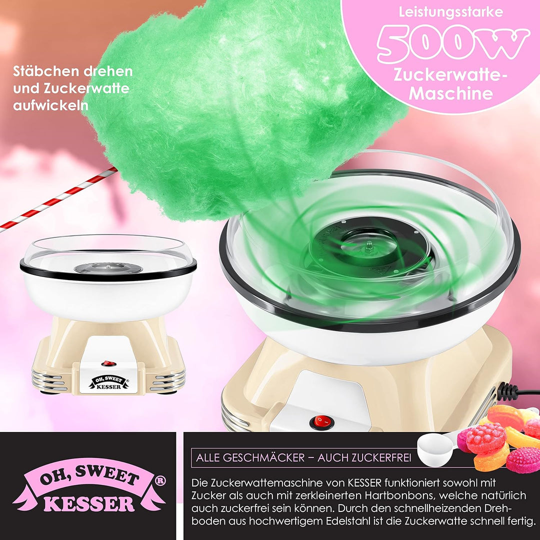 KESSER® Zuckerwattemaschine Set für Dein zuhause - Mit 30x Zuckerwatte Stäbchen & Messlöffel - Retro