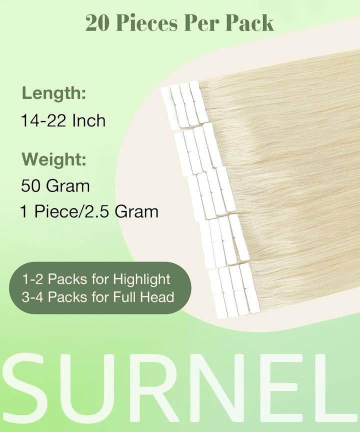 SURNEL Band in Haarverlängerungen weiche gerade unsichtbare Remy Echthaar Farbe 60 Platinblond kein