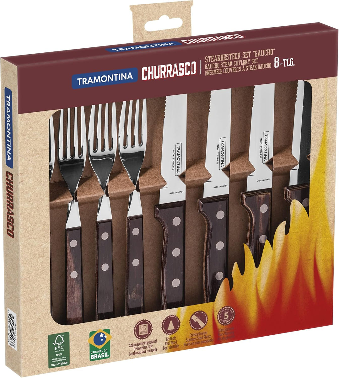 Tramontina Steakbesteck "Gaucho", Set 8-teilig, mit 4 Steakmessern und 4 Steakgabeln, Edelstahl, Ech