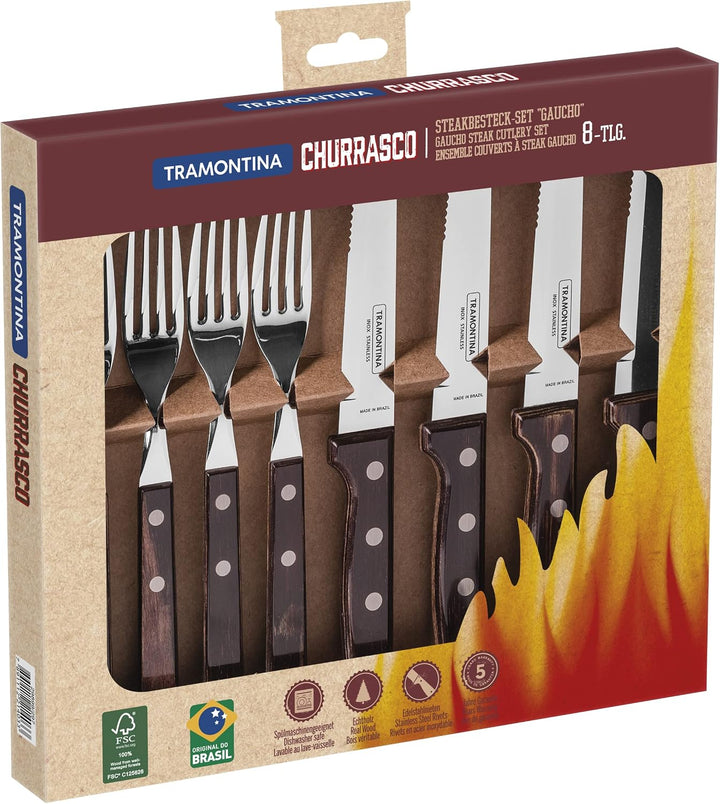Tramontina Steakbesteck "Gaucho", Set 8-teilig, mit 4 Steakmessern und 4 Steakgabeln, Edelstahl, Ech