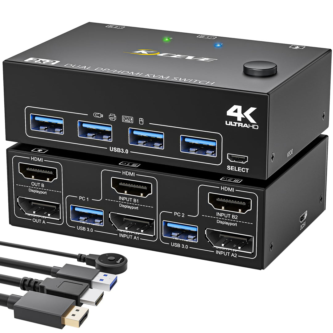 KVM Switch 2 PC 2 Monitore DP HDMI, USB 3.0 Dual Monitor KVM Switch Displayport HDMI Teilen 4 USB 3.