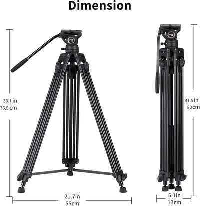 Cayer BV30 Video Tripod, Robust Aluminium Alloy Camera Tripod with 360° Fluid Head, Quick Release Pl