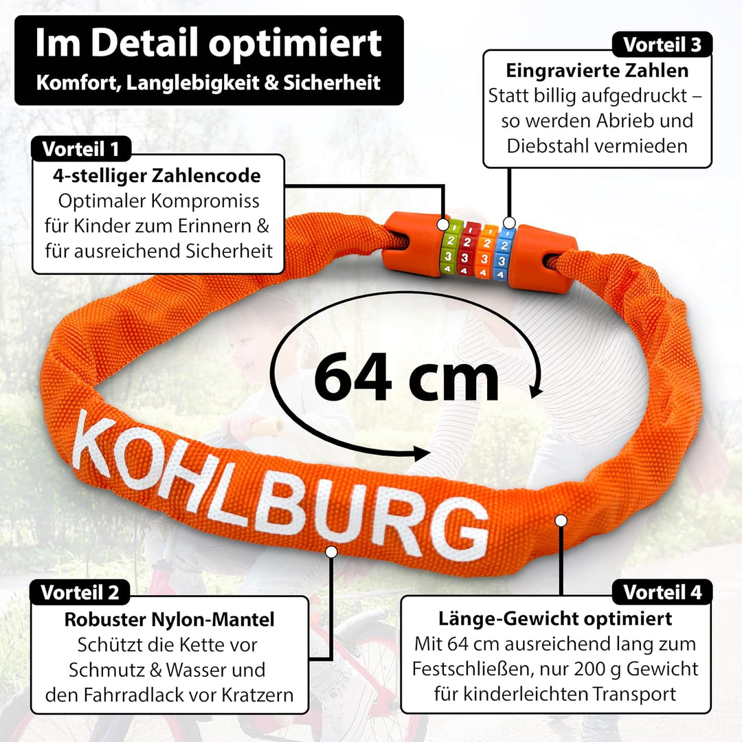 KOHLBURG Kinder Fahrradschloss Zahlenschloss 4 stellig [ohne Weichmacher, Stahlkette] - Kinderschlos