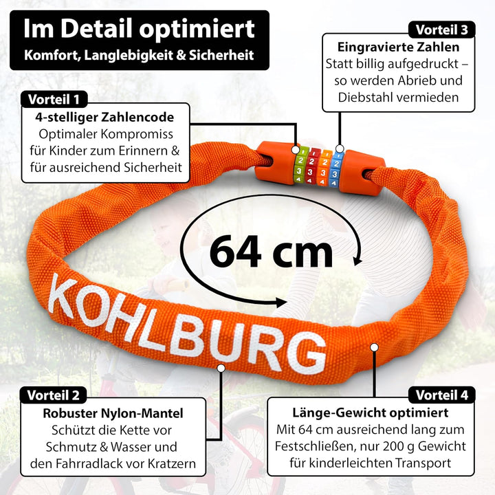 KOHLBURG Kinder Fahrradschloss Zahlenschloss 4 stellig [ohne Weichmacher, Stahlkette] - Kinderschlos