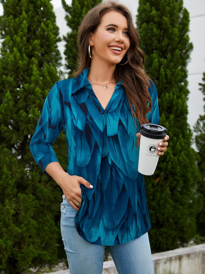 Siddhe Damen V-Ausschnitt Bluse 3/4 Ärmel Oberteile Tunika Tops Locker Longshirt Lässige T-Shirt Lan