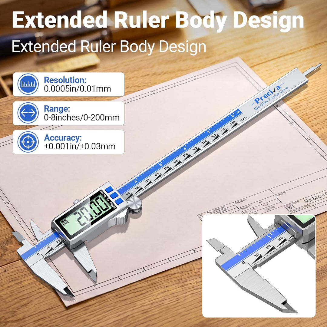Preciva Digitaler Messschieber 200mm Wiederaufladbar, Edelstahl Schieblehre Digital mit LCD-Display,