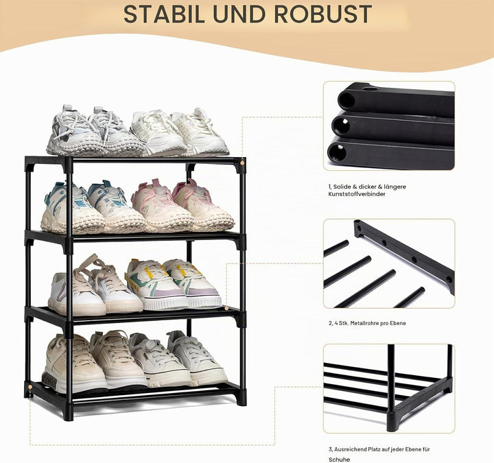 OLYREO Schuhregal mit 4 Ebenen, Schmal Platzsparend aus Metall Schwarz, Stapelbar Dauerhafte Schuhre