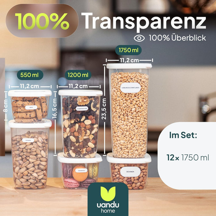 uandu Vorratsdosen mit Deckel luftdicht – 12er Vorratsbehälter Set BPA Frei, Aufbewahrungsdosen Küch