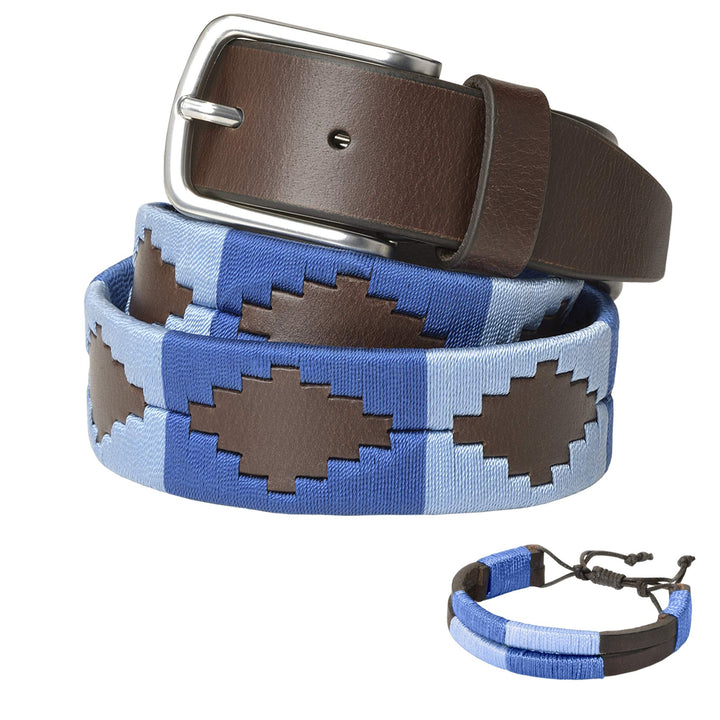 Argentinischer Ledergürtel mit passender Schnur und Lederarmband. Auf Leder gestickter Gürtel für Mä