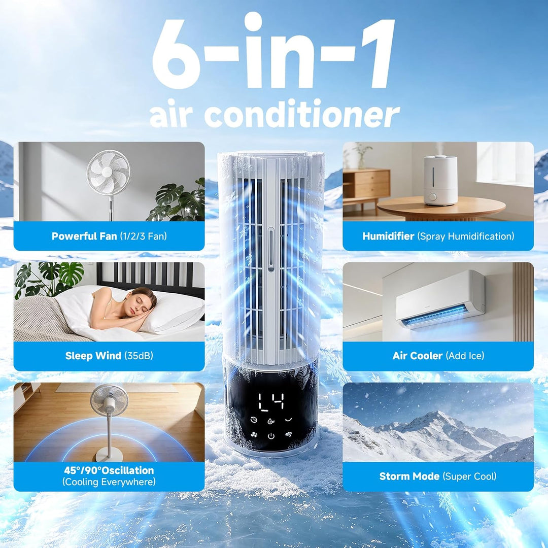 Mobile Klimaanlage 6in1, Luftkühler mit 3 Geschwindigkeiten, Turbo-Modus, Schlafwind, Nebelfunktion