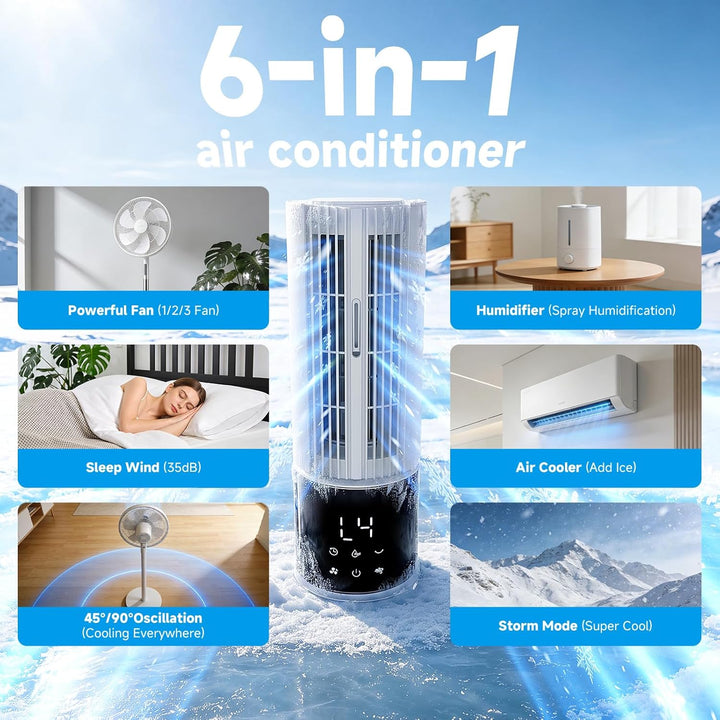 Mobile Klimaanlage 6in1, Luftkühler mit 3 Geschwindigkeiten, Turbo-Modus, Schlafwind, Nebelfunktion