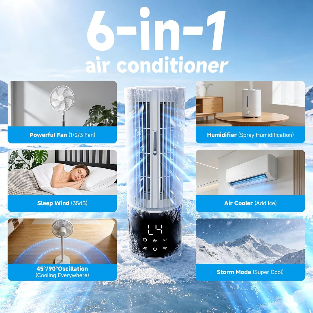 Mobile Klimaanlage 6in1, Luftkühler mit 3 Geschwindigkeiten, Turbo-Modus, Schlafwind, Nebelfunktion