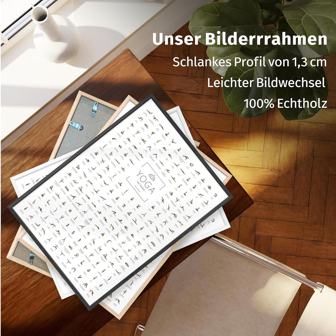 JUNOMI® Yoga Poster DIN A2 mit Rahmen Farbe Eiche, Yoga Zubehör für Studios und Übungen Zuhause, per