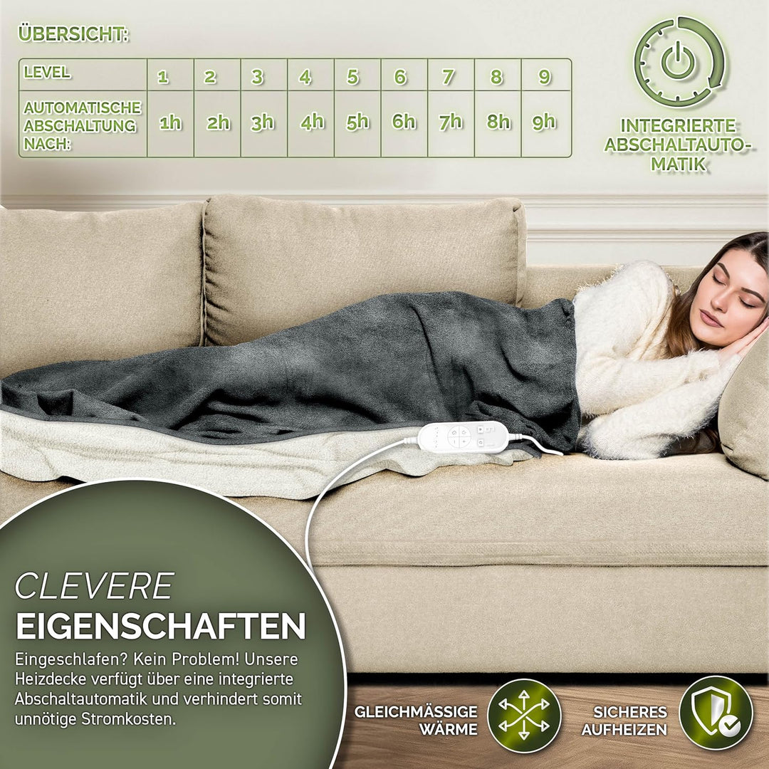 sinnlein® Heizdecke mit Abschaltautomatik 160 x 120 cm | Elektrische Wärmedecke mit 9 Temperaturstuf