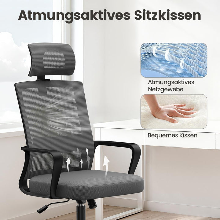 naspaluro Bürostuhl Ergonomisch, Schreibtischstuhl mit Verstellbarer Kopfstütze, Hochklappbaren Arml