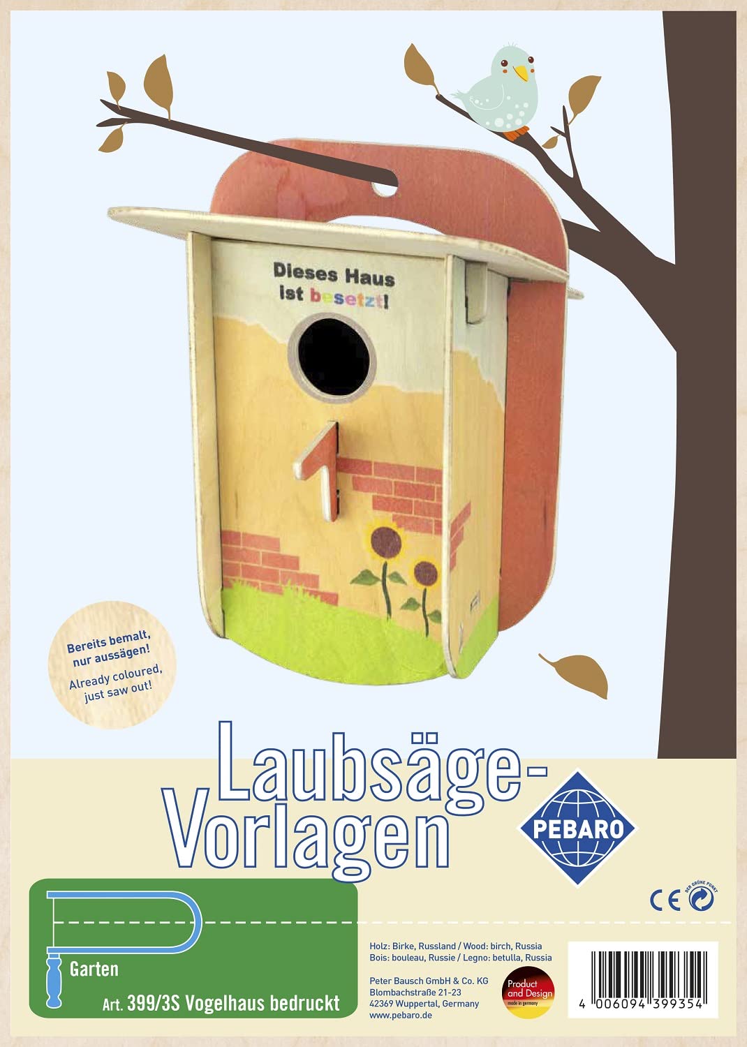 Pebaro 399/3S Laubsägevorlage Vogelhaus bunt bedruckt, 3mm Sperrholz DIN A 4, Motiv farbig vorgedruc