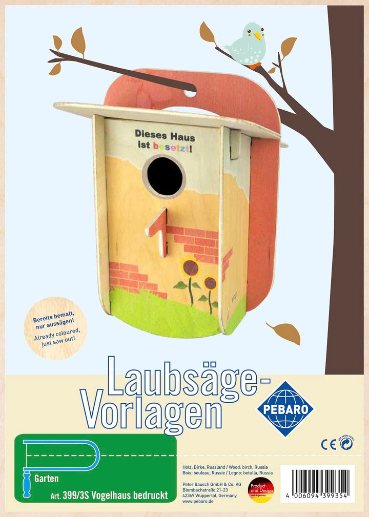 Pebaro 399/3S Laubsägevorlage Vogelhaus bunt bedruckt, 3mm Sperrholz DIN A 4, Motiv farbig vorgedruc