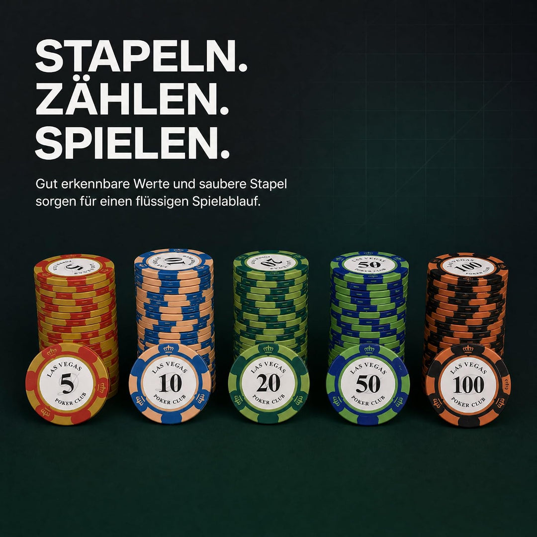 Pokerchip-Set mit 100 Tonchips mit Nennwert, geeignet für Blackjack und Casinospiele, 20 Chips pro N