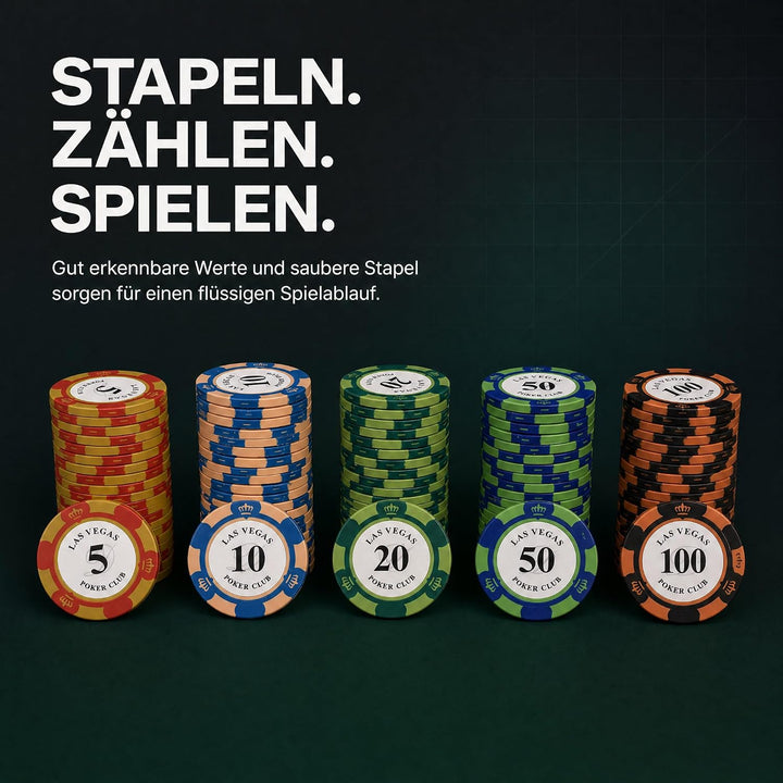 Pokerchip-Set mit 100 Tonchips mit Nennwert, geeignet für Blackjack und Casinospiele, 20 Chips pro N