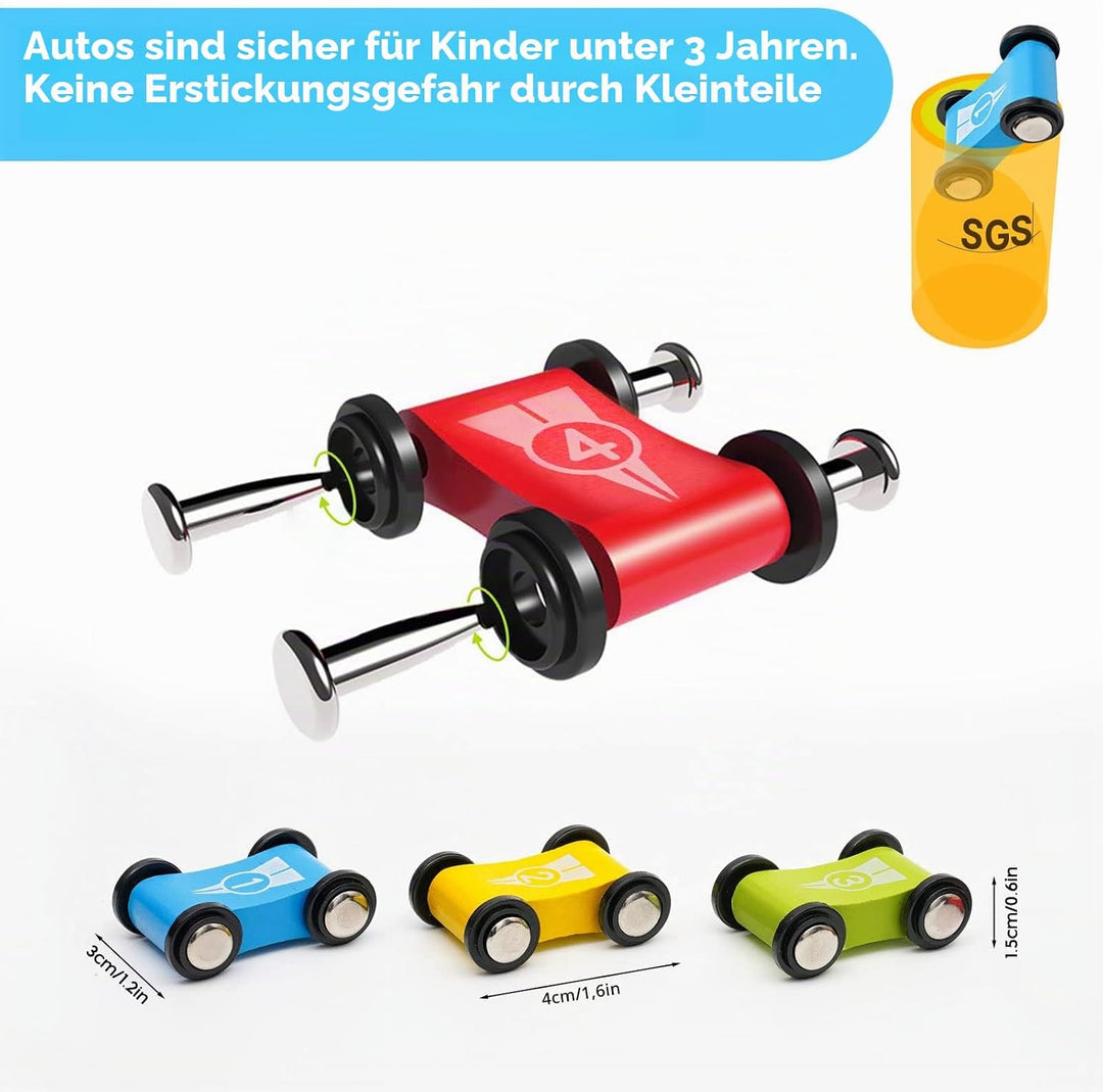NUKied Kugelbahn Holz,Premium Holzspielzeug mit 4 Autos,Autorennbahn Holz Spielzeug für Jungen Gesch