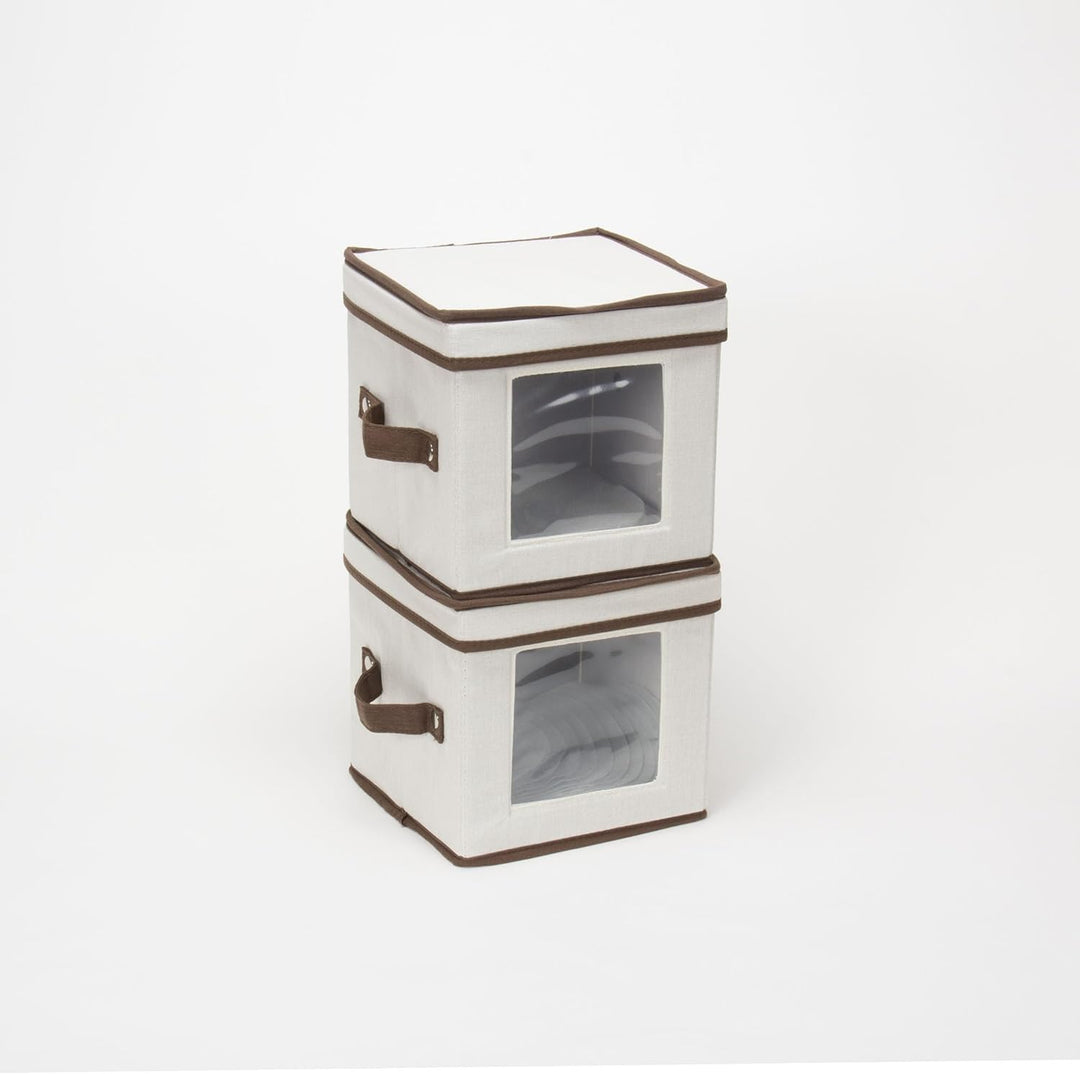 Household Essentials Dessert Plate or Bowl Storage Chest, Natural Canvas with Brown Trim Desserttell