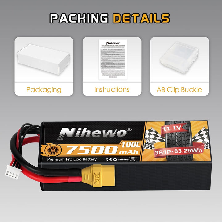 3S Lipo-Akku, 2 Packungen RC-Akku 11,1V 7500mAh 100C 3S Lipo-Hartschalengehäuse XT90-Anschluss kompa