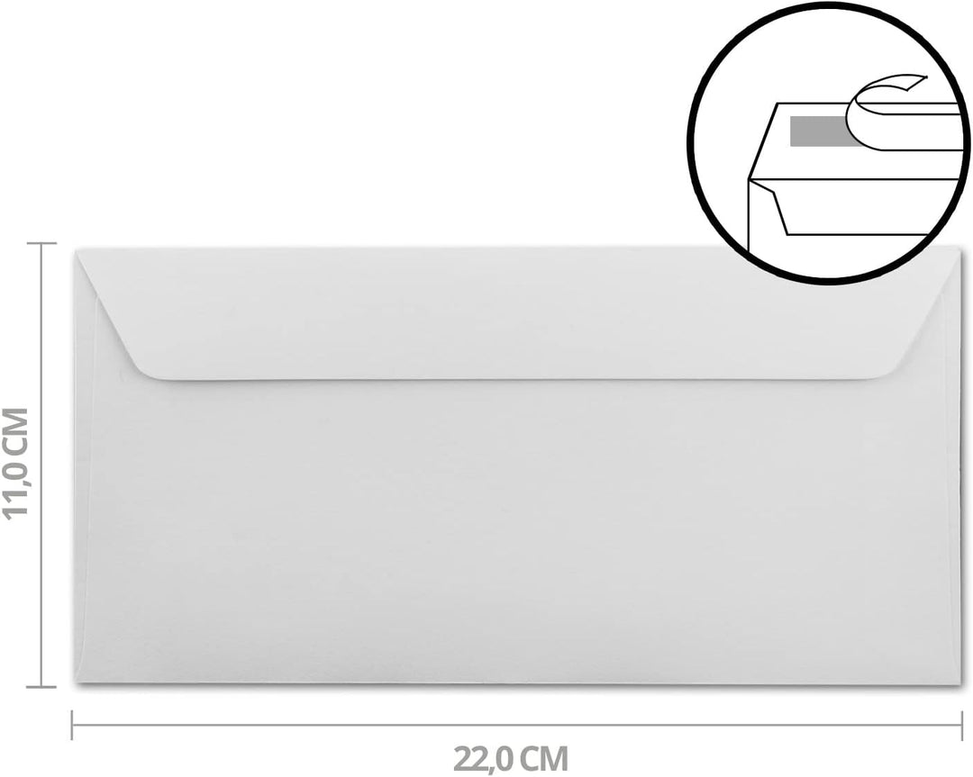 100x Briefumschläge DIN Lang - 11 x 22 cm - Haftklebung - Farbe: Weiss - 100 Gramm pro m² - ohne Fen