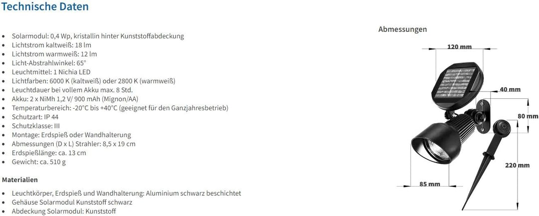 Esotec LED Solarspot Spotlight, Aluminium, Solarstrahler, Spotstrahler, Spotlicht, Bodenstrahler, So