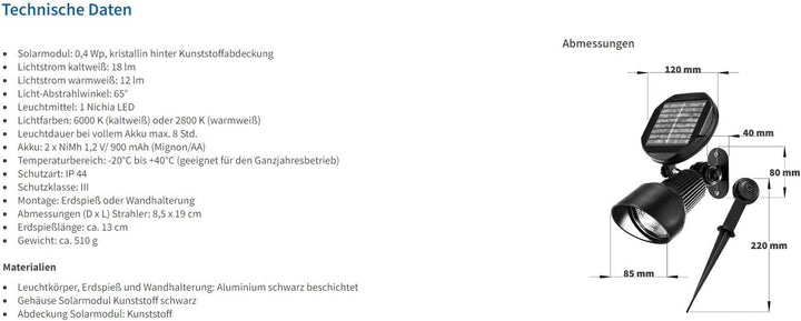 Esotec LED Solarspot Spotlight, Aluminium, Solarstrahler, Spotstrahler, Spotlicht, Bodenstrahler, So