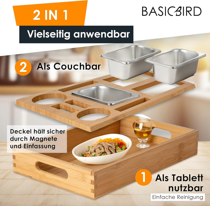 BASICBIRD® Couchbar Snackbox - Organizer Tablett- Snackspender mit 3X Snackschale - Holz Sofatablett