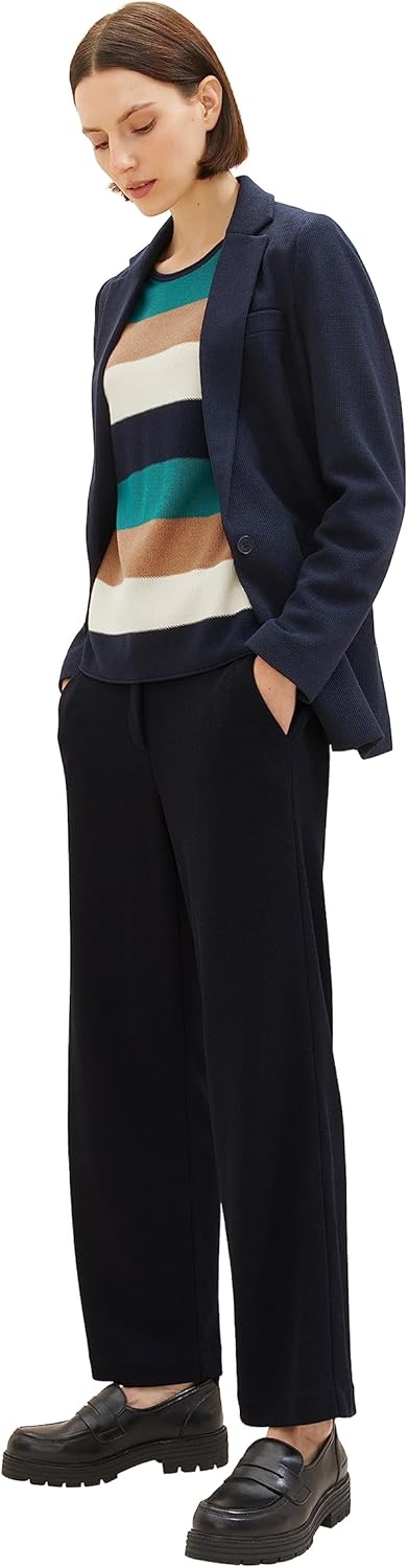 TOM TAILOR Damen Basic Pullover mit Struktur XS 34021 - Navy Teal Knit Stripe, XS 34021 - Navy Teal