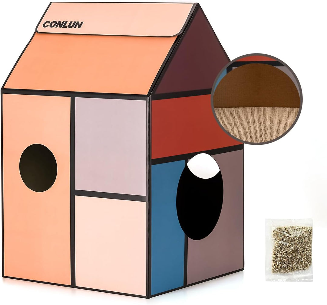 Conlun Katzenhaus mit Kratzbrett &amp; Katzenminze, Leicht zu Montieren - Kratzhöhle für Wohnungskatzen,