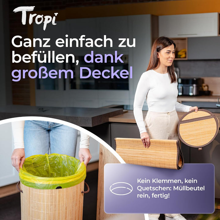 Tropi® Bambus Müllsackständer für Gelbe Säcke – 80L Gelber Sack Ständer mit Deckel & Sichtschutz – E