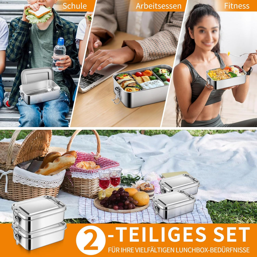 Joyfair Brotdose mit Fächern, 2 Stück Edelstahl Bento Box mit Abnehmbar Fächern für Erwachsene & Kin