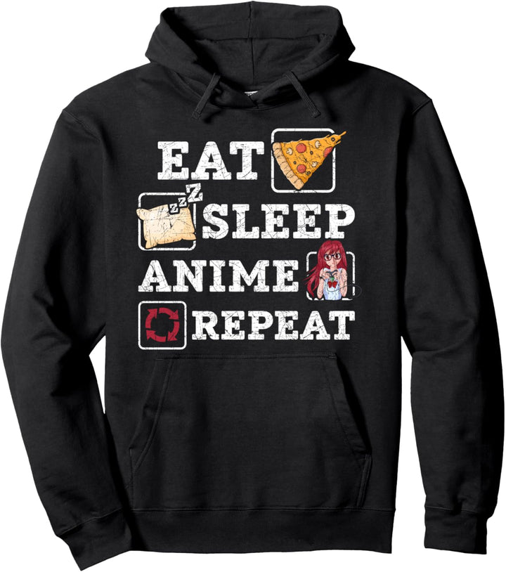 Essen Schlafen Anime Wiederholen Pizza Otaku Lustiges Anime Pullover Hoodie