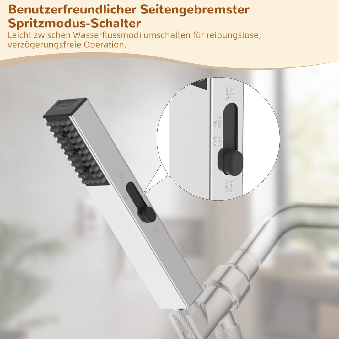 Hibbent 4 Strahlarten verstellbare Edelstahl-Handbrause mit 1,5m Edelstahl-Schlauch, Hoher Druck, Ha