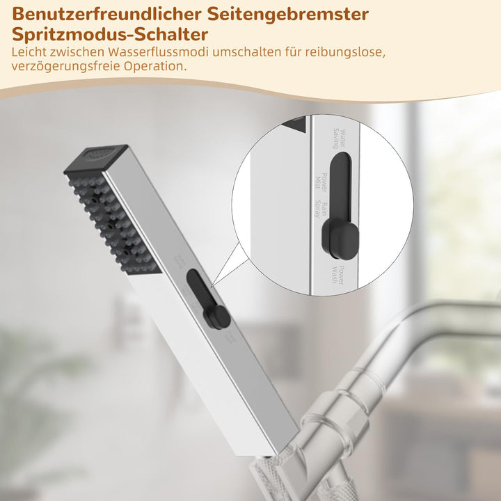 Hibbent 4 Strahlarten verstellbare Edelstahl-Handbrause mit 1,5m Edelstahl-Schlauch, Hoher Druck, Ha
