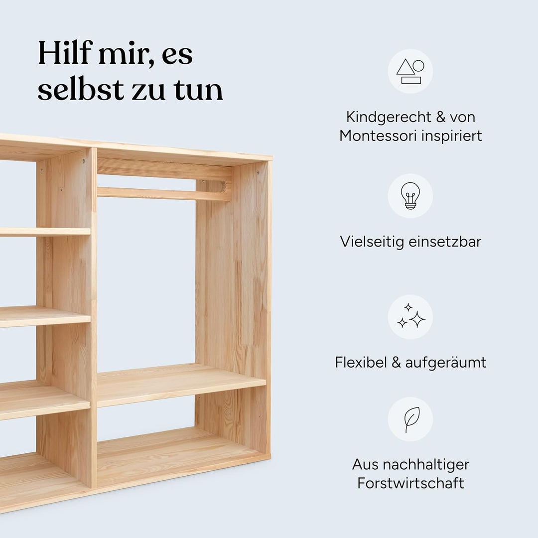 Ehrenkind® Montessori Kleiderschrank | Kinderregal Kiefer Natur | Kinderschrank FSC Zertifiziert | G