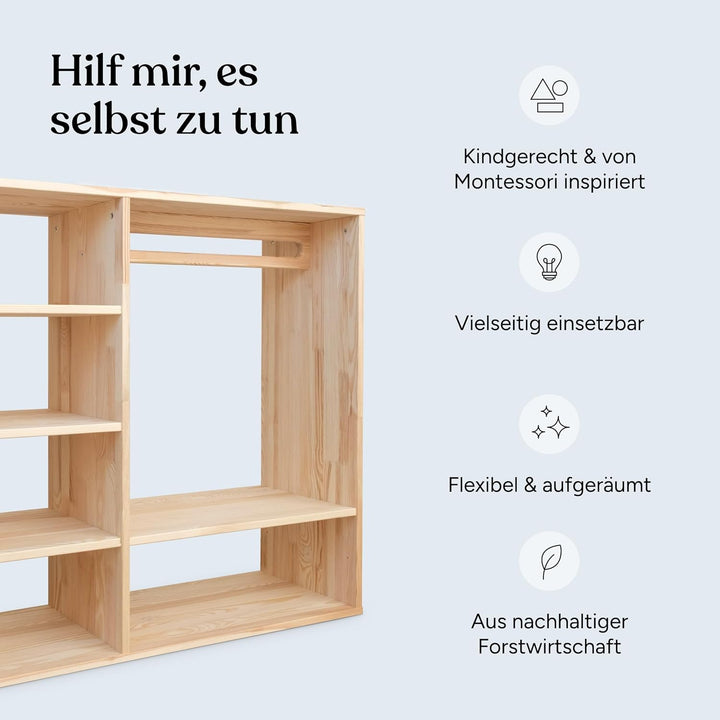 Ehrenkind® Montessori Kleiderschrank | Kinderregal Kiefer Natur | Kinderschrank FSC Zertifiziert | G