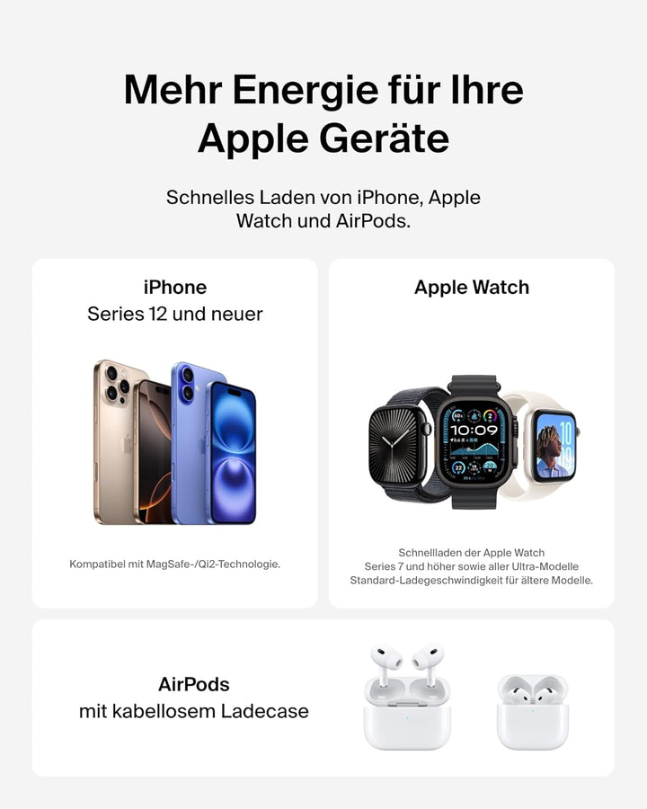 Belkin BoostCharge 3-in-1 Induktive Ladestation mit Qi2, 15W, MagSafe-kompatibles Ladegerät, Kabello