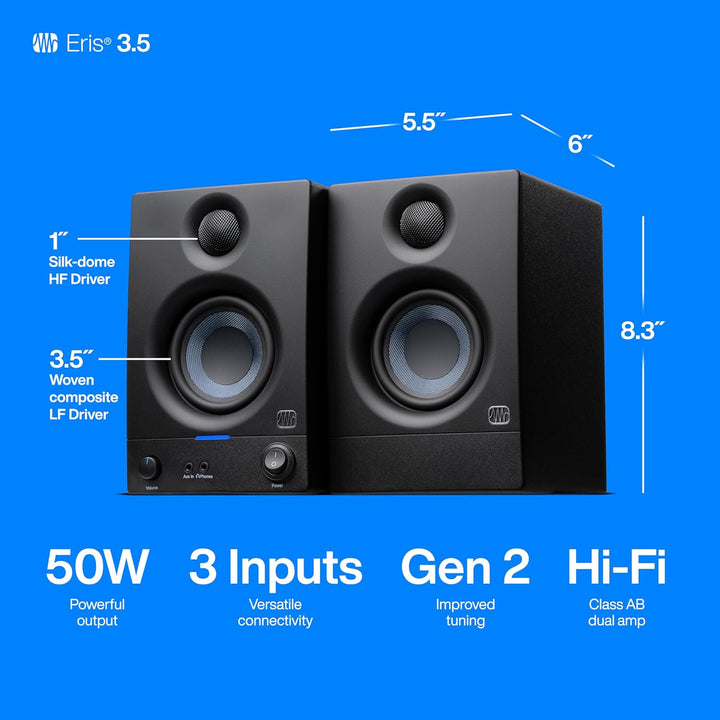 PreSonus Eris 3.5 Gen 2 – 3,5" Desktop-Aktivlautsprecher für Multimedia, Gaming und Musikproduktion