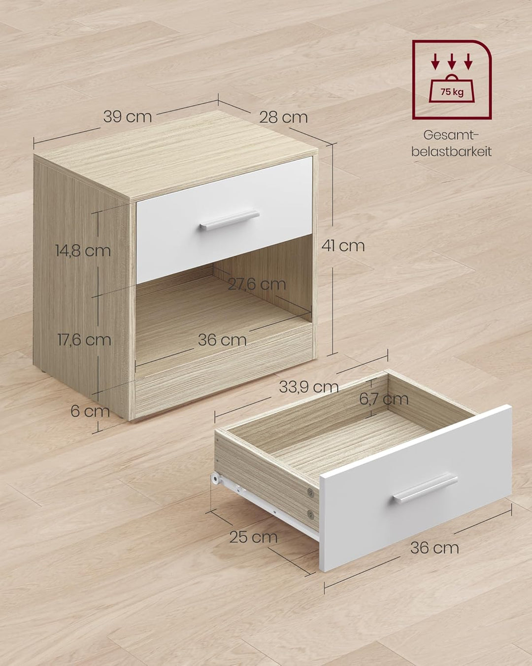 VASAGLE Nachttisch, 2er Set, Beistelltisch, mit Schublade, Griff, offenes Fach, Couchtisch, für Schl