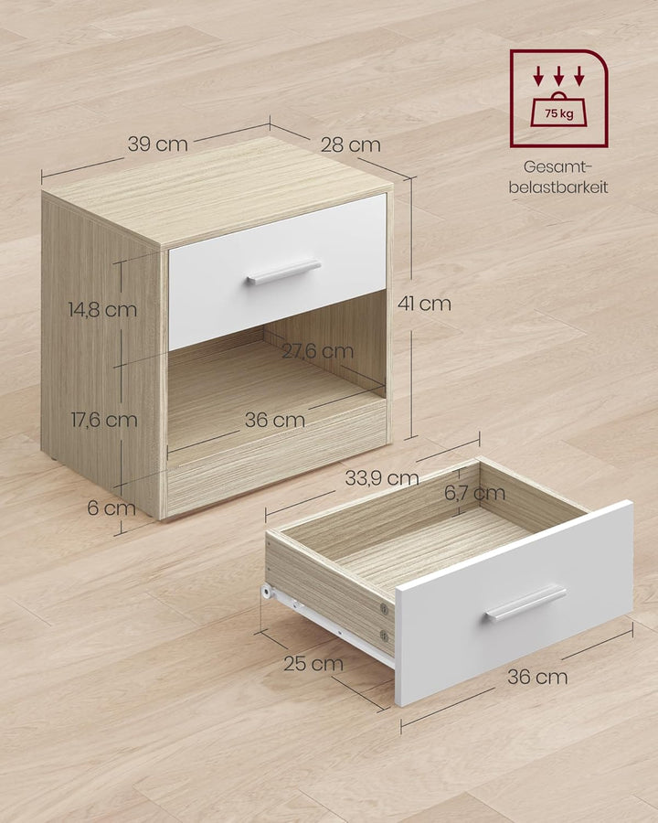 VASAGLE Nachttisch, 2er Set, Beistelltisch, mit Schublade, Griff, offenes Fach, Couchtisch, für Schl