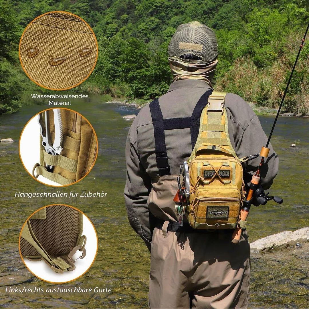 Dovesun Kleiner Angelrucksack, Fliegenfischen Sling Pack Wasserdichter Angelrucksack mit Angelkoffer