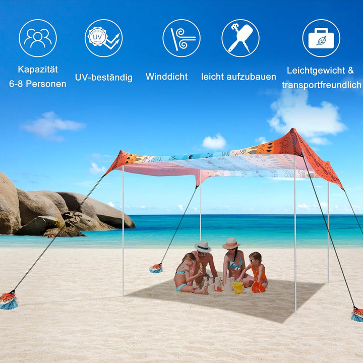Strandzelt, Sonnensegel Strand UPF 50+, Tragbares 3×3 m Camping Strandmuschel Sonnenschutz Strand mi