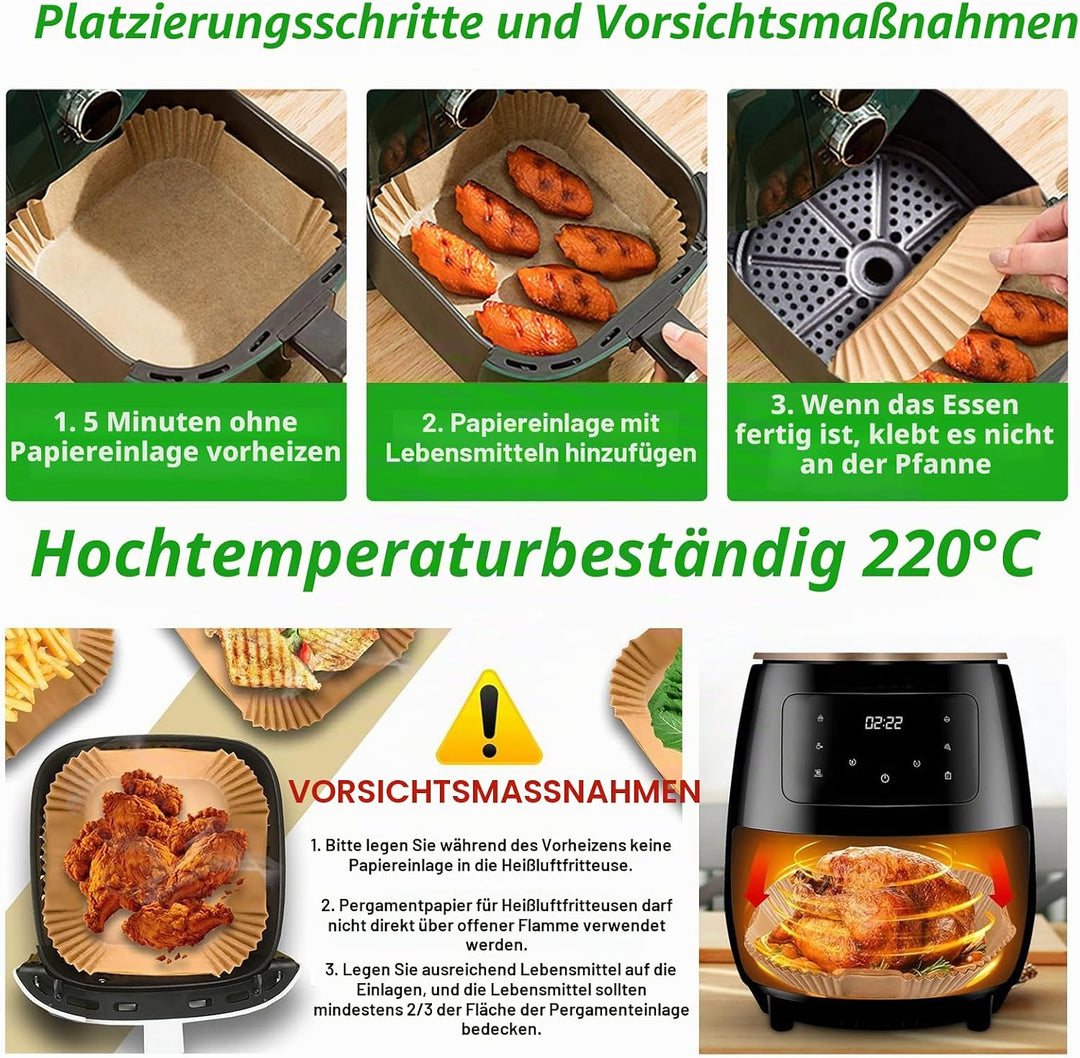 Sungoup Backpapier für Heissluftfritteuse 20-24cm, 300 Stück Airfryer Backpapier Antihaft Wasserdich