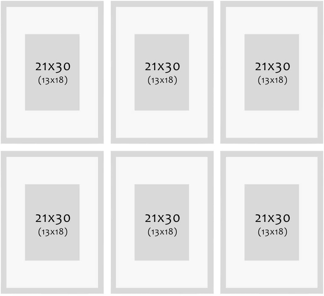 PHOTOLINI 6er Set Holzrahmen Eiche 21x30 cm/DIN A4 mit Passepartout 13x18 cm Massivholz mit Acrylgla