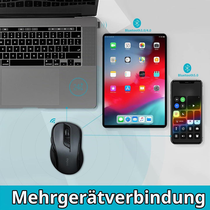 Rapoo M500 Silent kabellose Maus wireless Mouse 1600 DPI Sensor 12 Monate Batterielaufzeit leise Tas